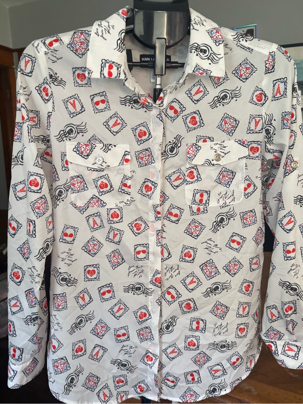 Karl Lagerfeld Paris Women’s Small Postage Stamp Print Button-Up Blouse Red Whit